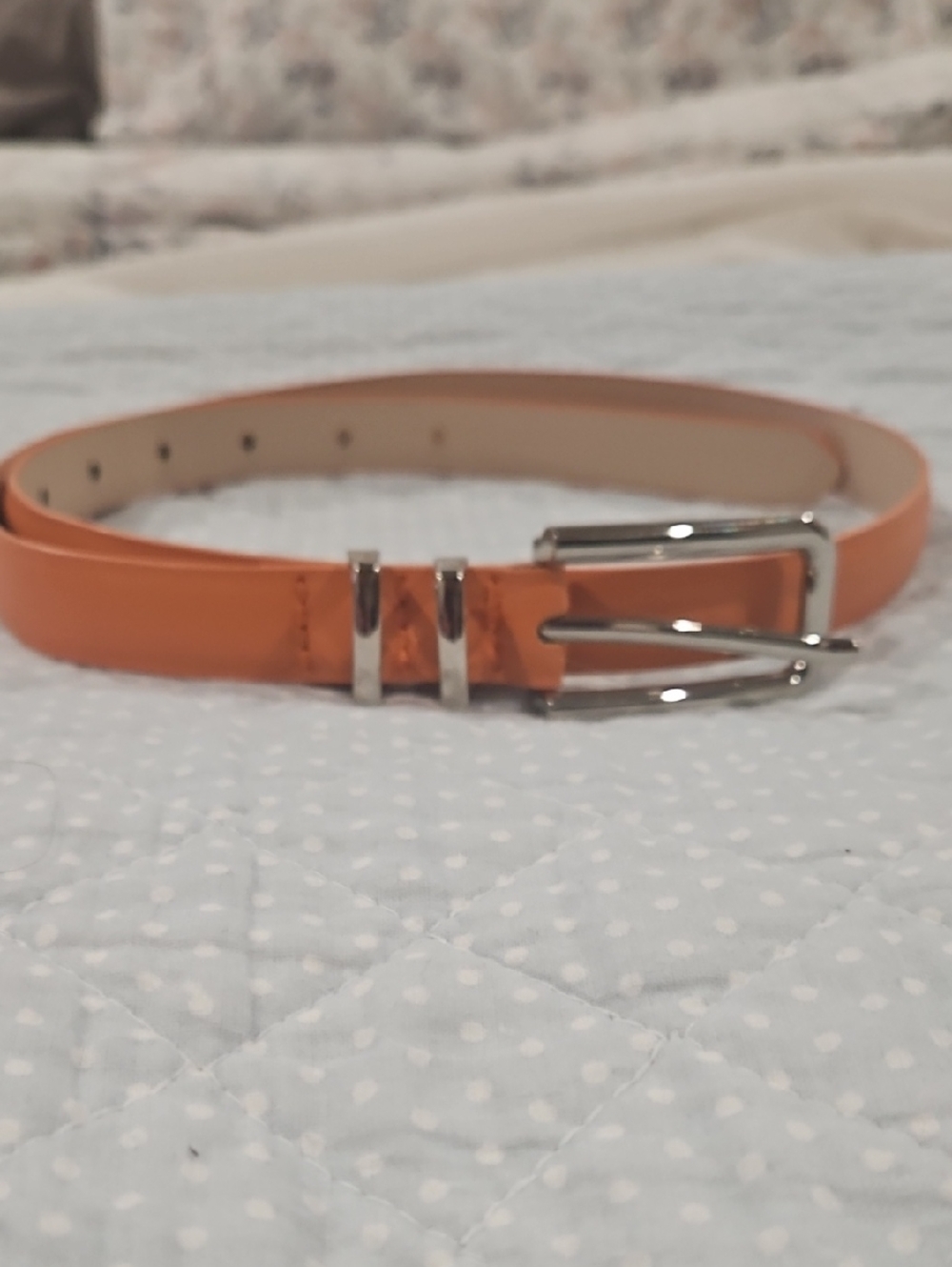 Classic Orange Faux Leather Womens Skinny Belt with Silver Buckle